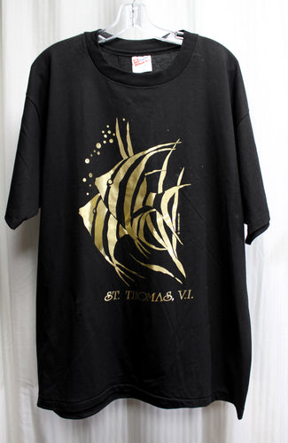 Vintage 1989 - Black Single Stitch Air Waves - Gold Metallic Angel Fish, St Thomas V.I T-Shirt - Size XL