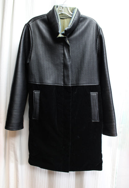 Mycra Pac - Reversible, Black Velvet & Ribbed / Olive Green & Blue Color Shift Shot Hideaway Hood Coat - Size 1 = Small/Medium