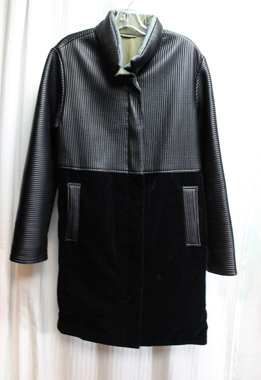 Mycra Pac - Reversible, Black Velvet & Ribbed / Olive Green & Blue Color Shift Shot Hideaway Hood Coat - Size 1 = Small/Medium
