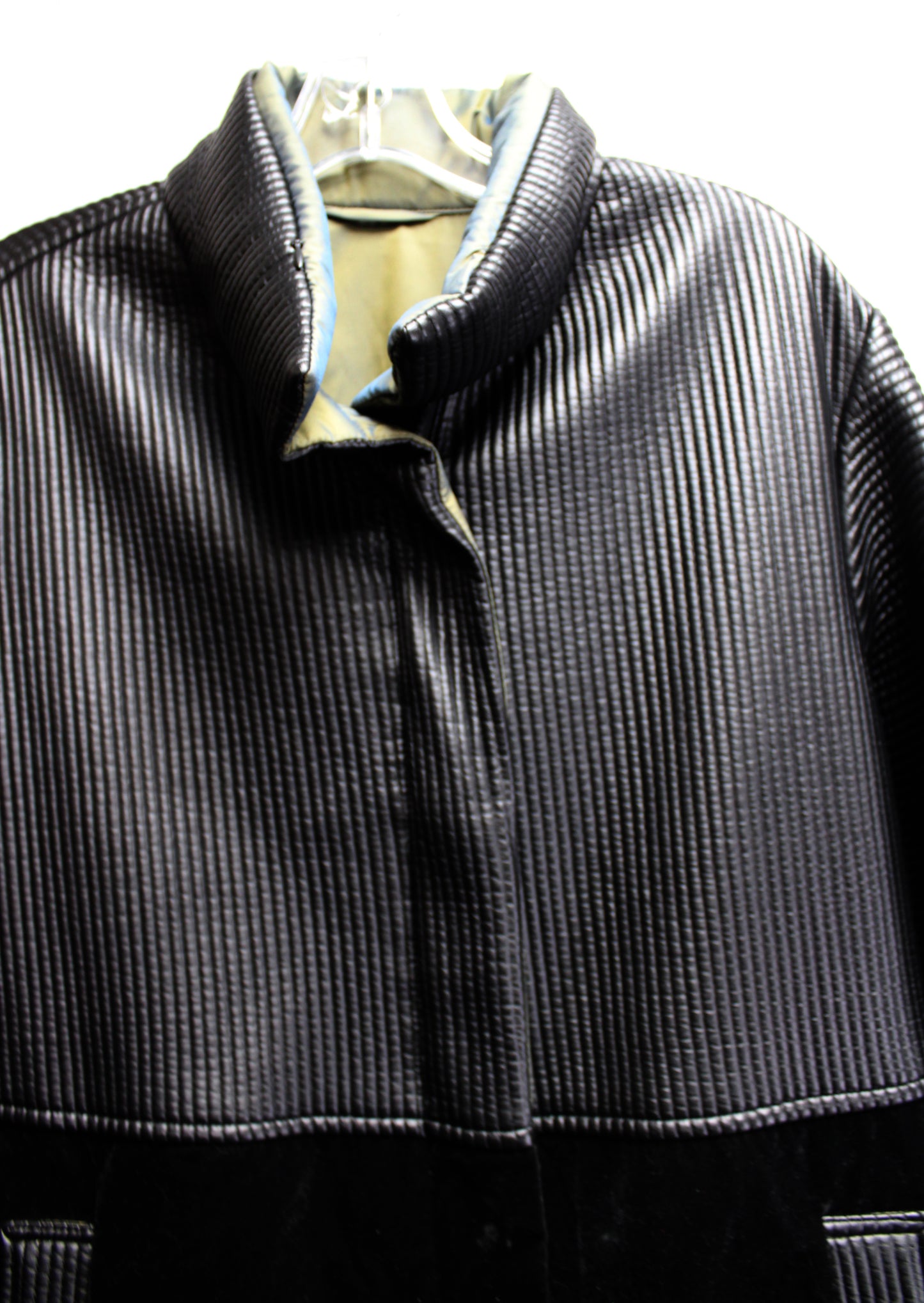 Mycra Pac - Reversible, Black Velvet & Ribbed / Olive Green & Blue Color Shift Shot Hideaway Hood Coat - Size 1 = Small/Medium