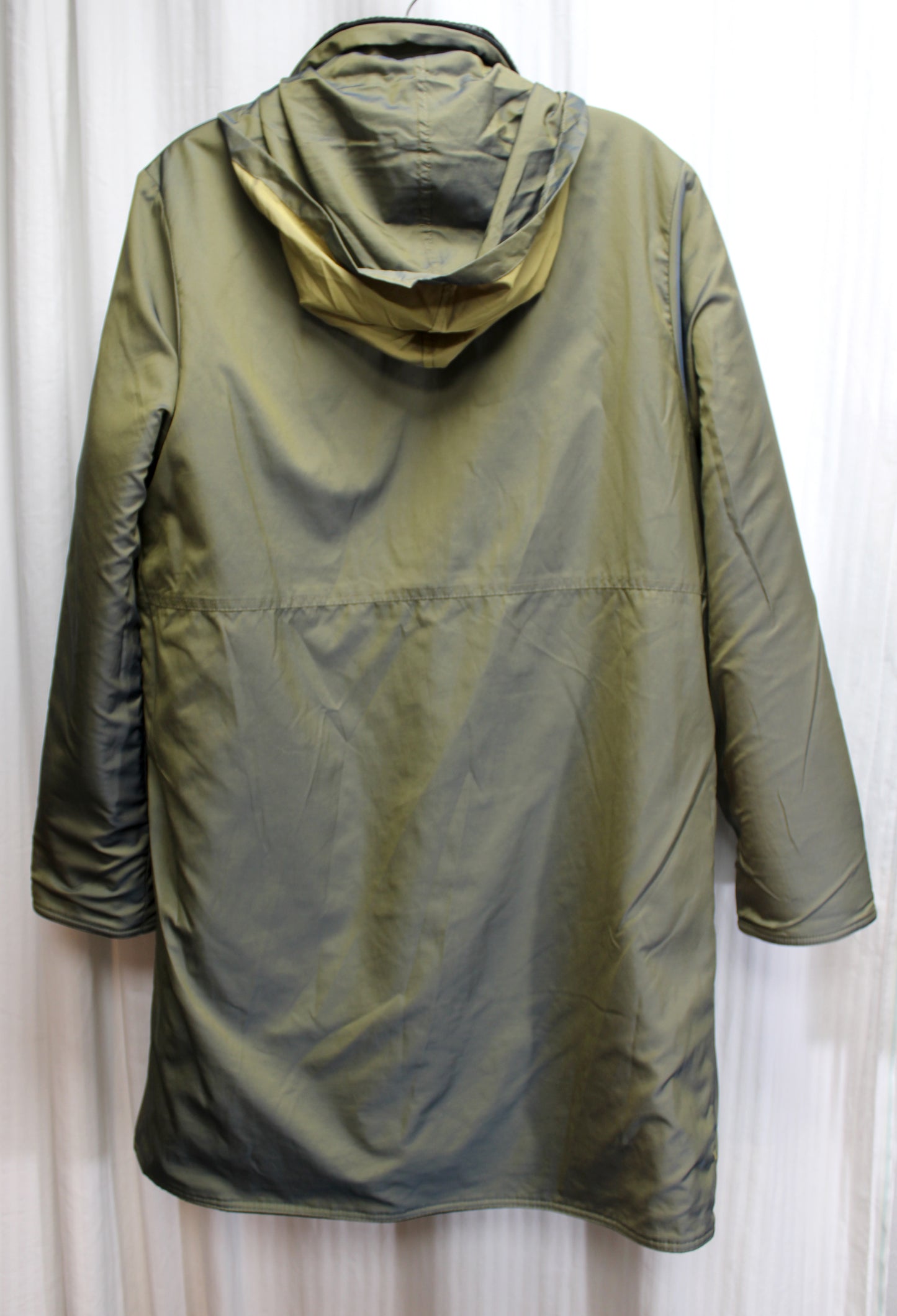 Mycra Pac - Reversible, Black Velvet & Ribbed / Olive Green & Blue Color Shift Shot Hideaway Hood Coat - Size 1 = Small/Medium