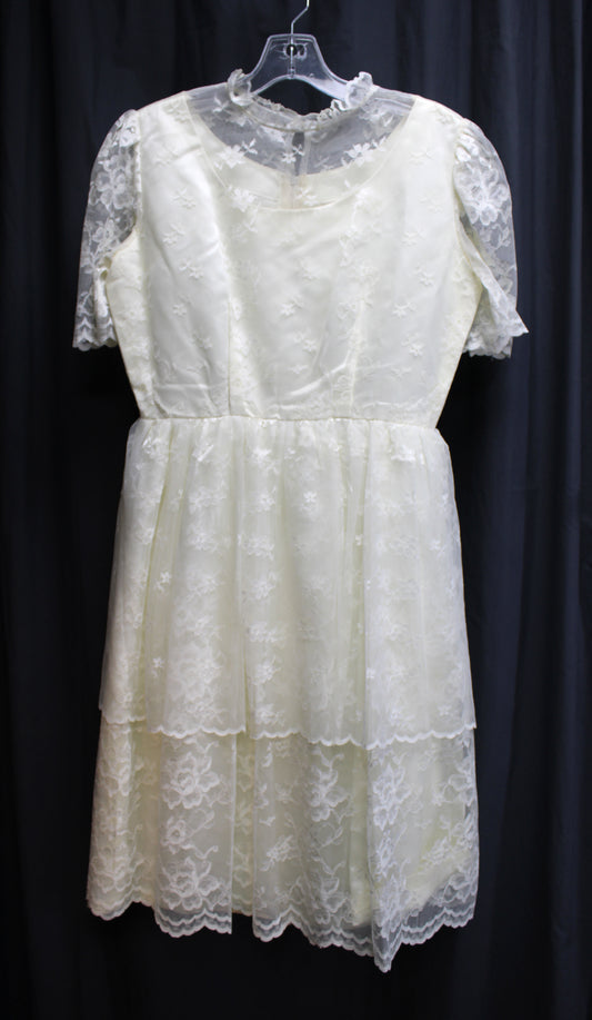 Vintage, Handmade - Ivory Lace Over Satin, Tired Skirt Dress - See Measurements 27" Waist