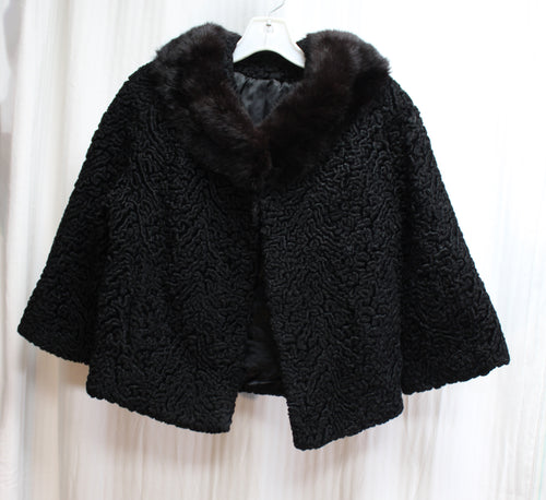 Vintage 50's/60's - Black Cropped Faux Persian Lamb w/ Real Fur Collar Coat - See Measurements 18