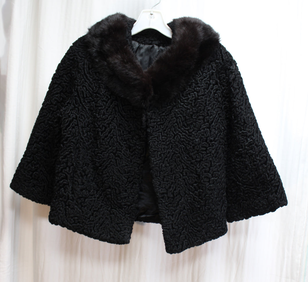 Vintage 50's/60's - Black Cropped Faux Persian Lamb w/ Real Fur Collar Coat - See Measurements 18