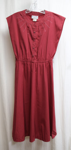 Vintage 1970's - Leslie Fay - Garnet Red, Sleeveless Button Bodice, A-Line Skirt Midi Dress - See Measurements 26