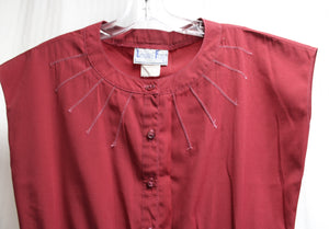 Vintage 1970's - Leslie Fay - Garnet Red, Sleeveless Button Bodice, A-Line Skirt Midi Dress - See Measurements 26" Unstretched Waist