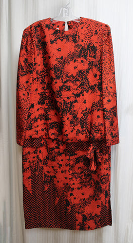 Vintage 80's -Caren - Red & Black Cheveron & Abstract Print, Silky Drop Waist Blousy Dress - Size 12 (Vintage)