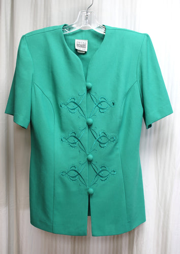 Vintage - R&M Richards by Karen Kwong - Green Short Sleeve Embroidered Jacket - Size 10 PETITE