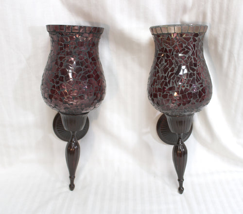 2 PC Pair of Mosaic Glass Hurricane Candle Wall Sconces - 14.25