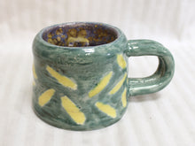 Load image into Gallery viewer, Unique, Green &amp; Yellow Handmade &amp; Painted Tea Mug w/ Inside Teabag Holder