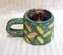 Load image into Gallery viewer, Unique, Green &amp; Yellow Handmade &amp; Painted Tea Mug w/ Inside Teabag Holder
