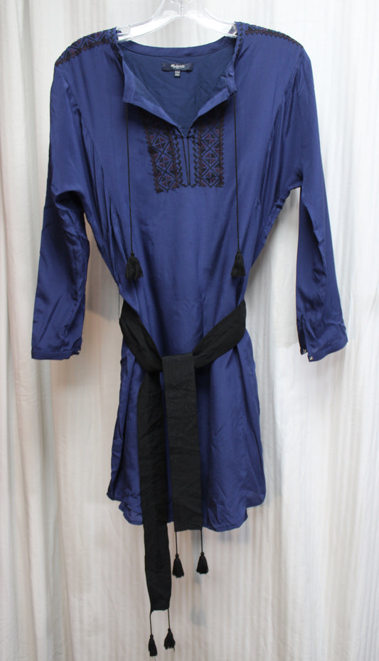 Madewell - 100% Silk Navy Blue Folk Embroidered w/ Tie Sash Belt Tunic - Size XXS