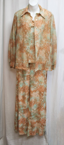 Vintage 1960's/70's- Fritzi of California- 3PC, Earthy Oranges & Teal Abstract Floral, Wide Leg Flowy Pants, Tank Top & Sheer Button Up Shirt - See Measurements 29