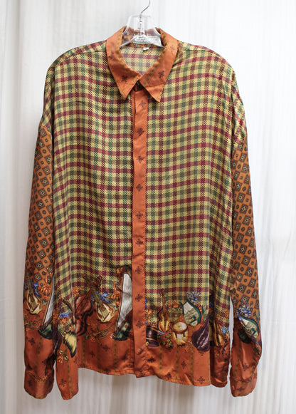 Men's - Creme De Silk - Reds, Gold & Green 100% Silk Plaid w/ Contrast Sleeves & Musical String Instruments, Hidden Front Button Placket Shirt - Size XL