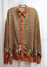 Load image into Gallery viewer, Men&#39;s - Creme De Silk - Reds, Gold &amp; Green 100% Silk Plaid w/ Contrast Sleeves &amp; Musical String Instruments, Hidden Front Button Placket Shirt - Size XL