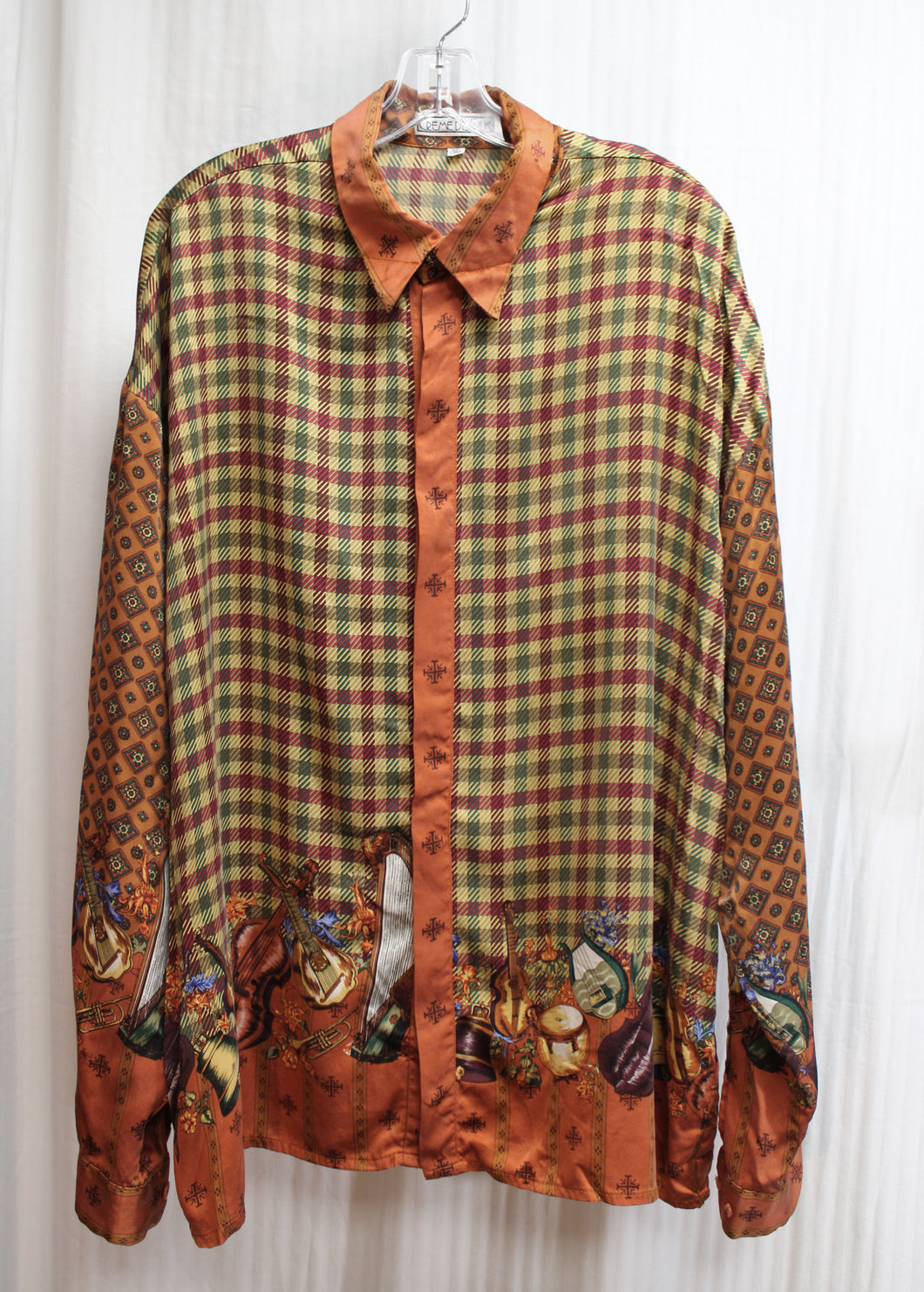 Men's - Creme De Silk - Reds, Gold & Green 100% Silk Plaid w/ Contrast Sleeves & Musical String Instruments, Hidden Front Button Placket Shirt - Size XL