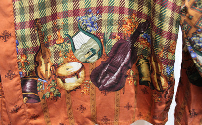 Men's - Creme De Silk - Reds, Gold & Green 100% Silk Plaid w/ Contrast Sleeves & Musical String Instruments, Hidden Front Button Placket Shirt - Size XL