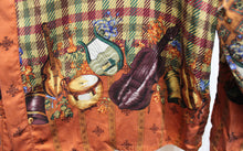Load image into Gallery viewer, Men&#39;s - Creme De Silk - Reds, Gold &amp; Green 100% Silk Plaid w/ Contrast Sleeves &amp; Musical String Instruments, Hidden Front Button Placket Shirt - Size XL