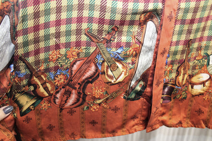 Men's - Creme De Silk - Reds, Gold & Green 100% Silk Plaid w/ Contrast Sleeves & Musical String Instruments, Hidden Front Button Placket Shirt - Size XL