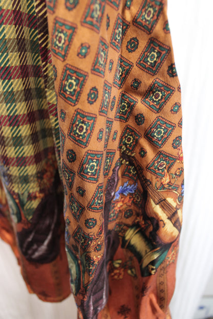 Men's - Creme De Silk - Reds, Gold & Green 100% Silk Plaid w/ Contrast Sleeves & Musical String Instruments, Hidden Front Button Placket Shirt - Size XL