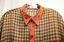 Load image into Gallery viewer, Men&#39;s - Creme De Silk - Reds, Gold &amp; Green 100% Silk Plaid w/ Contrast Sleeves &amp; Musical String Instruments, Hidden Front Button Placket Shirt - Size XL