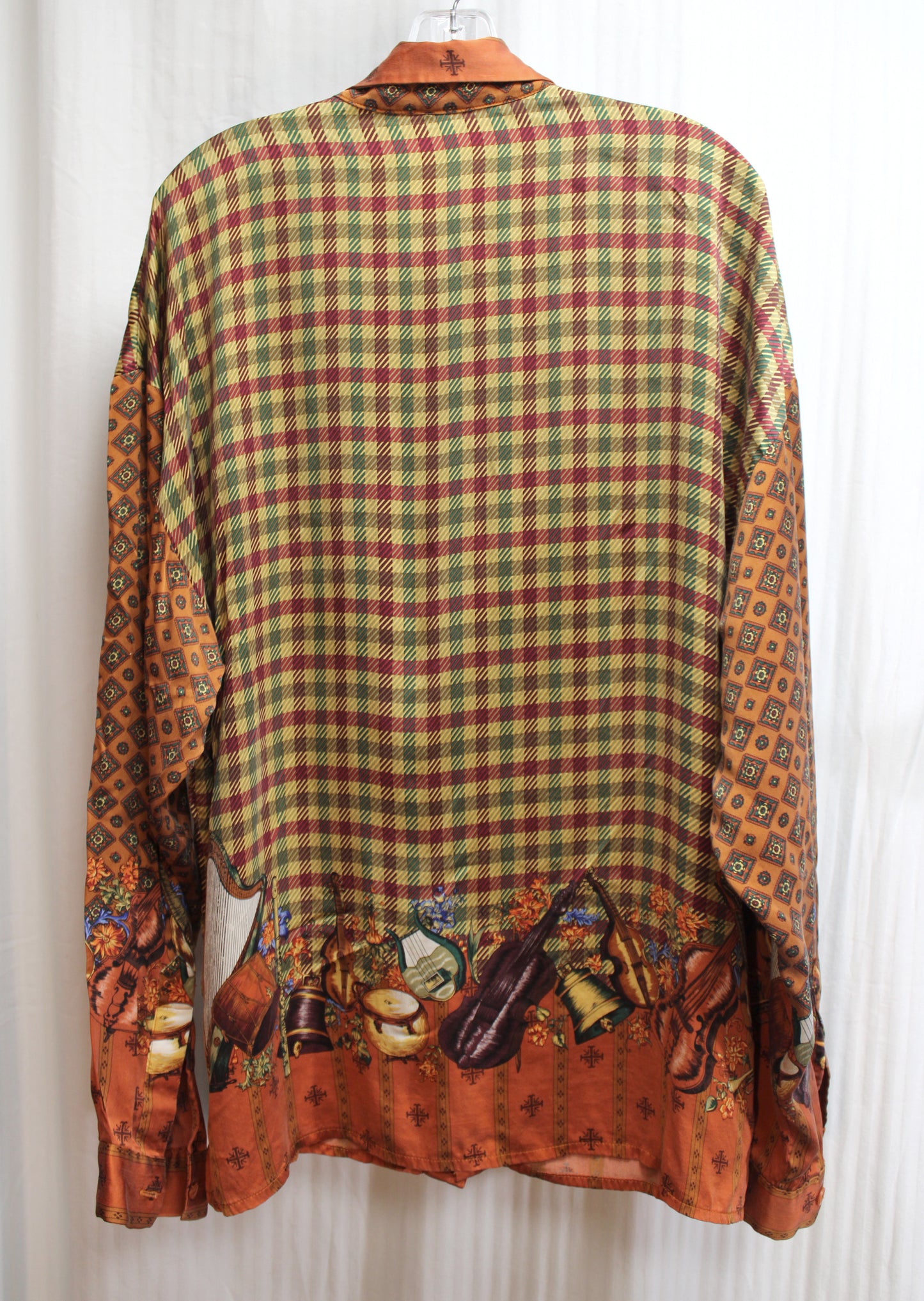 Men's - Creme De Silk - Reds, Gold & Green 100% Silk Plaid w/ Contrast Sleeves & Musical String Instruments, Hidden Front Button Placket Shirt - Size XL