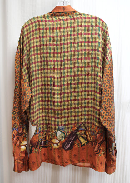 Men's - Creme De Silk - Reds, Gold & Green 100% Silk Plaid w/ Contrast Sleeves & Musical String Instruments, Hidden Front Button Placket Shirt - Size XL