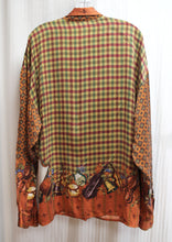 Load image into Gallery viewer, Men&#39;s - Creme De Silk - Reds, Gold &amp; Green 100% Silk Plaid w/ Contrast Sleeves &amp; Musical String Instruments, Hidden Front Button Placket Shirt - Size XL