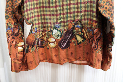 Men's - Creme De Silk - Reds, Gold & Green 100% Silk Plaid w/ Contrast Sleeves & Musical String Instruments, Hidden Front Button Placket Shirt - Size XL