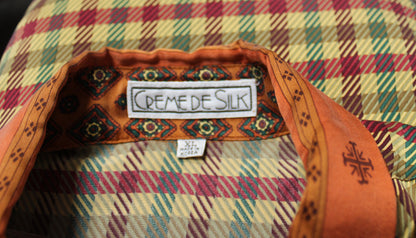 Men's - Creme De Silk - Reds, Gold & Green 100% Silk Plaid w/ Contrast Sleeves & Musical String Instruments, Hidden Front Button Placket Shirt - Size XL