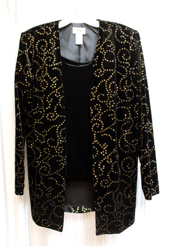 Vintage - J.B.S. - Black Velvet w/ Metallic Gold Swirl Pattern Open Front Jacket w/ Built in Tank - Size  L