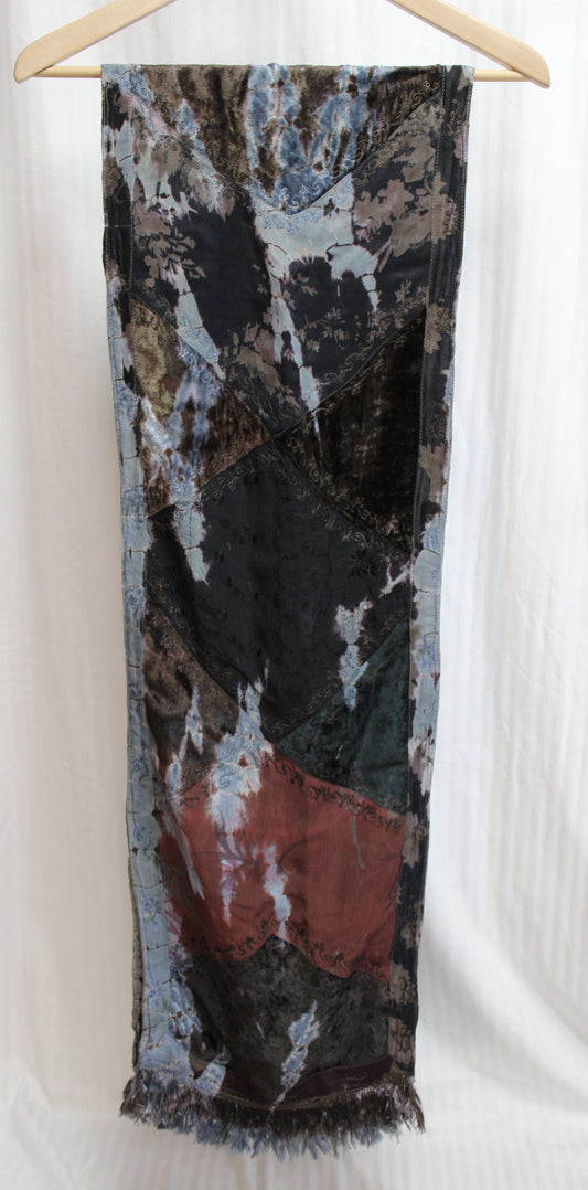 Vintage - 2 Sided (reversible) Black, Grays & Browns, Other Side Black & Taupe, Embroidered Rayon Velvets & Silky Fabrics Patchwork Scarf 76"