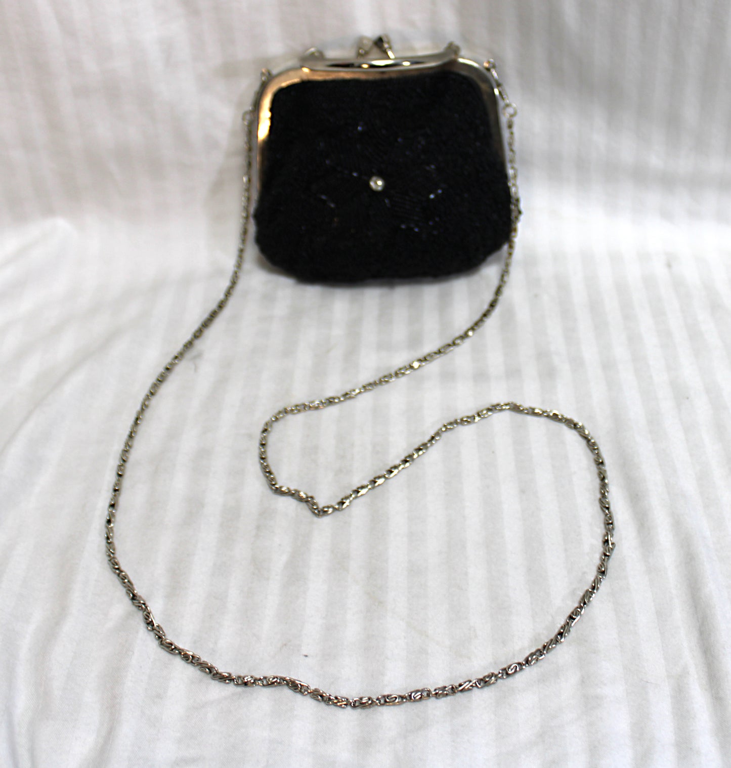 Black Beaded w/ Rhinestones, Convertible Handle/ Chain Strap Cocktail Clutch Bag