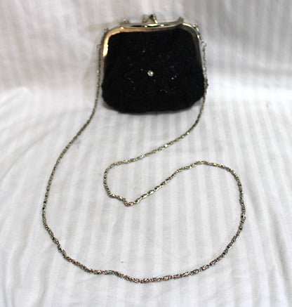 Black Beaded w/ Rhinestones, Convertible Handle/ Chain Strap Cocktail Clutch Bag