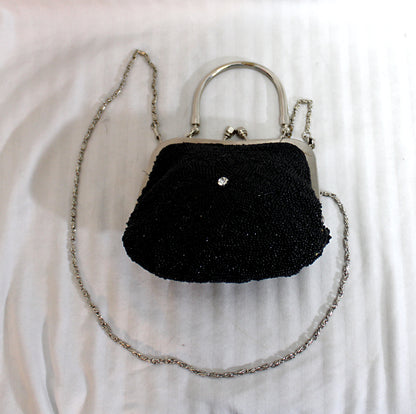 Black Beaded w/ Rhinestones, Convertible Handle/ Chain Strap Cocktail Clutch Bag