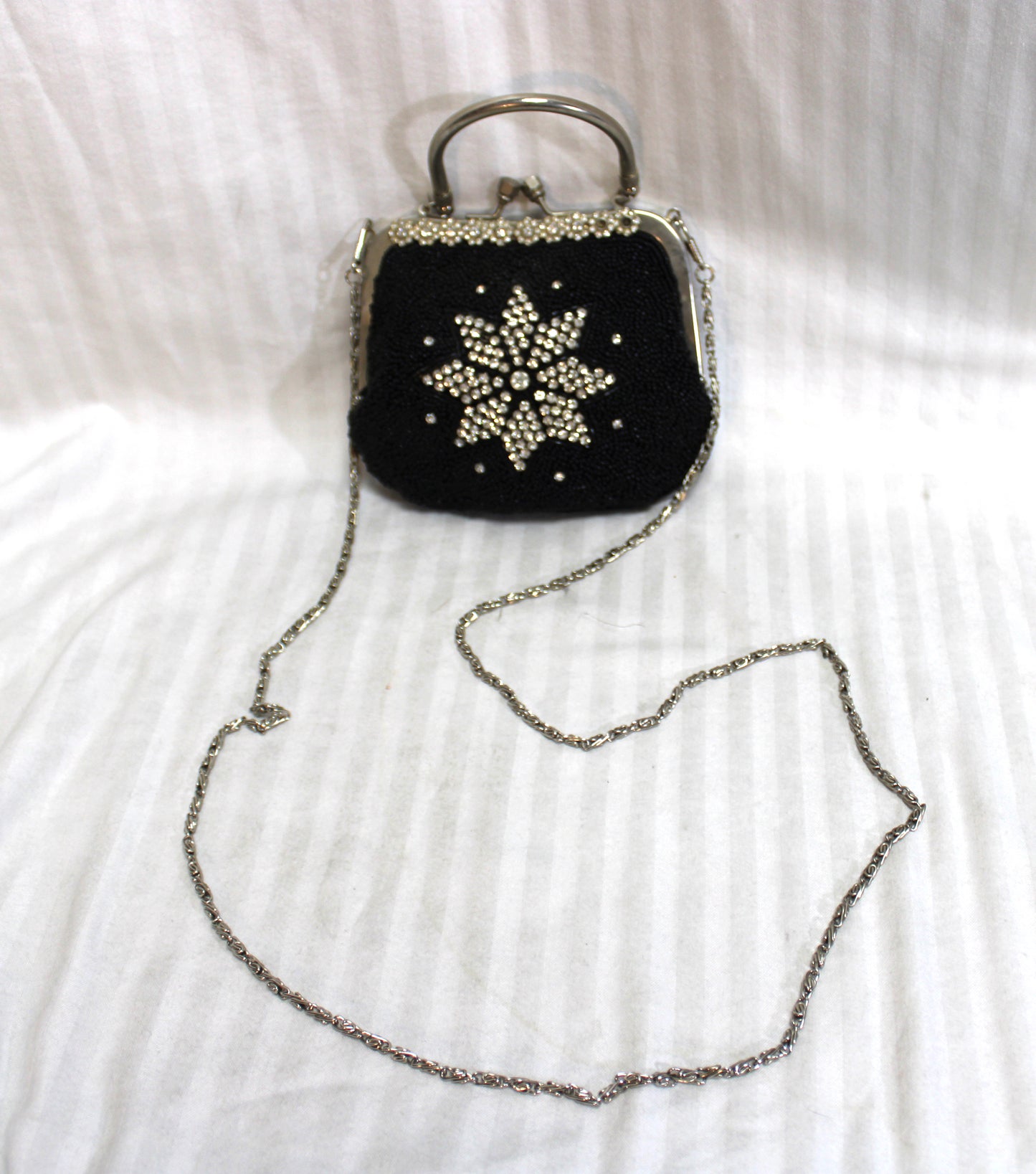 Black Beaded w/ Rhinestones, Convertible Handle/ Chain Strap Cocktail Clutch Bag