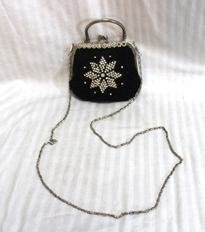 Black Beaded w/ Rhinestones, Convertible Handle/ Chain Strap Cocktail Clutch Bag