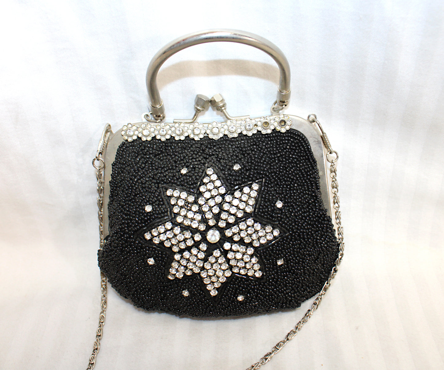 Black Beaded w/ Rhinestones, Convertible Handle/ Chain Strap Cocktail Clutch Bag