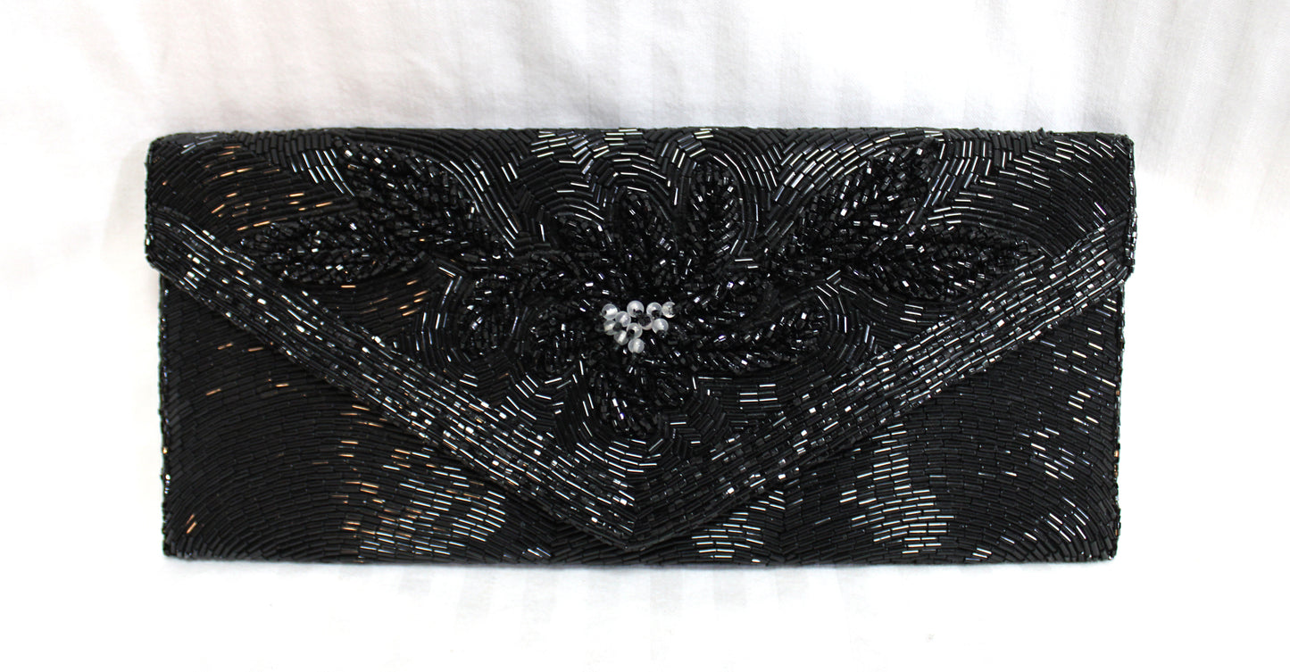 Vintage - Black Beaded Envelope Clutch Purse