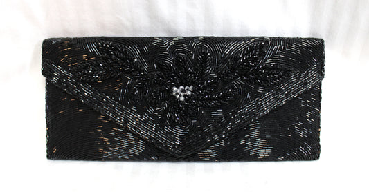 Vintage - Black Beaded Envelope Clutch Purse