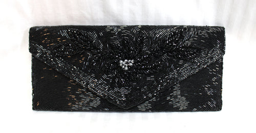 Vintage - Black Beaded Envelope Clutch Purse