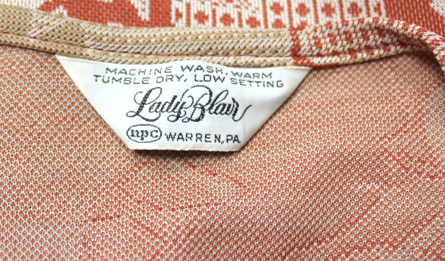 Vintage 70's - Lady Blair - Burnt Orange & Tans Leaf Print Tunic Vest - See Measurements 18" Chest (pit to pit)