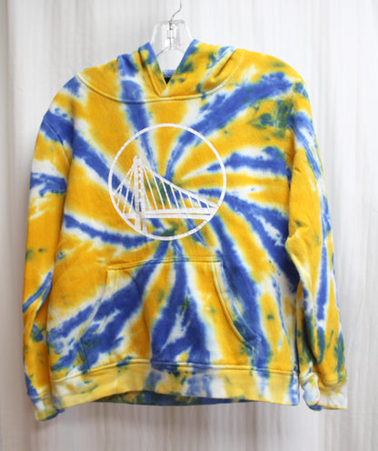 NBA - Golden Gate Warriors - Yellow, Blue & White Tie Dye 2-Sided & Sleeves Graphic Pullover Hoodie - Size M (YOUTH SIZING)