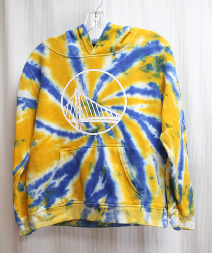 NBA - Golden Gate Warriors - Yellow, Blue & White Tie Dye 2-Sided & Sleeves Graphic Pullover Hoodie - Size M (YOUTH SIZING)