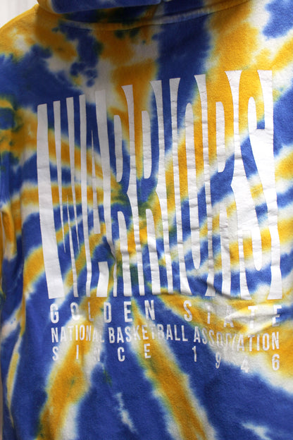 NBA - Golden Gate Warriors - Yellow, Blue & White Tie Dye 2-Sided & Sleeves Graphic Pullover Hoodie - Size M (YOUTH SIZING)