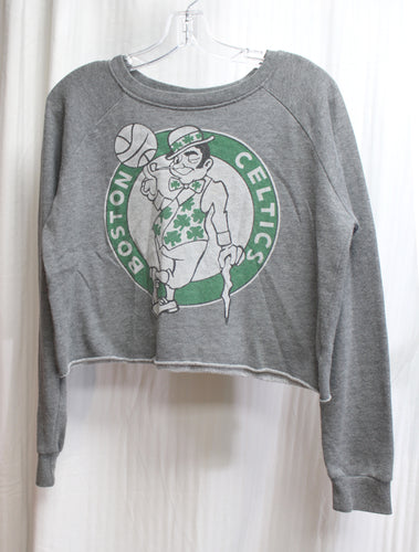 Women's - Hardwood Classics- Boston Celtics - Heathered Gray, Wide Crew Neck Cropped Pullover Sweatshirt - Size M