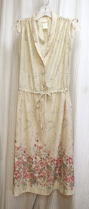 Vintage 70's/80's - Beige Semi Sheer w/ Floral tie Ruched Shoulders & Drawstring Waist midi Dress - Size 11 (Vintage, See Measurements)