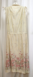 Vintage 70's/80's - Beige Semi Sheer w/ Floral tie Ruched Shoulders & Drawstring Waist midi Dress - Size 11 (Vintage, See Measurements)