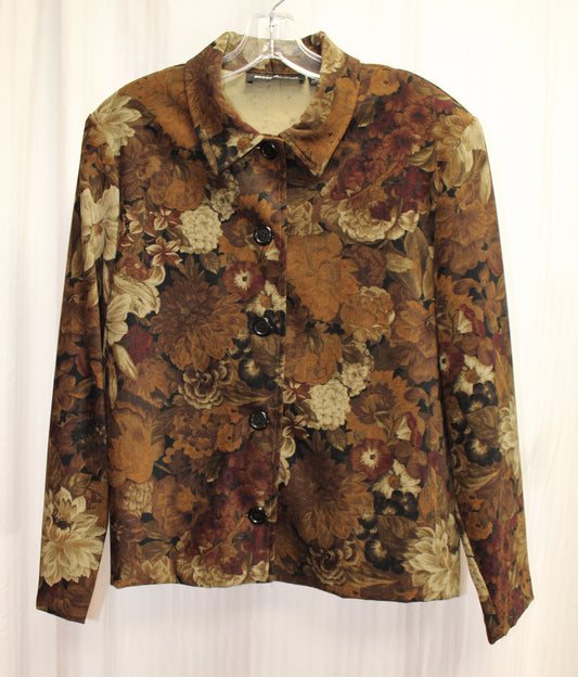 Briggs New York - Brown Antique Tapestry Floral Print, Velvet Button Front Shirt - Size M PETITE