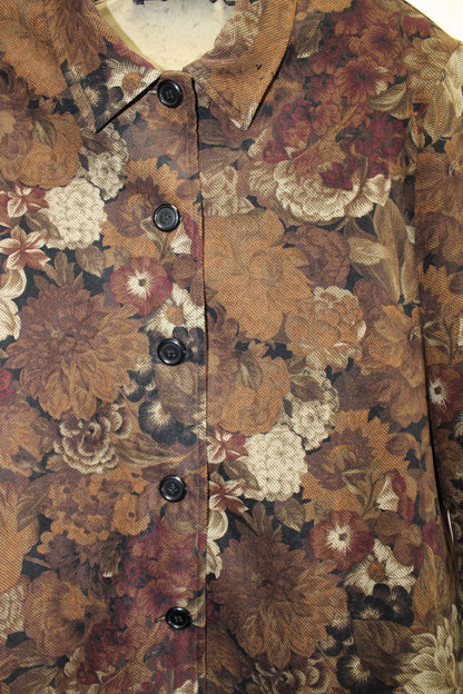 Briggs New York - Brown Antique Tapestry Floral Print, Velvet Button Front Shirt - Size M PETITE